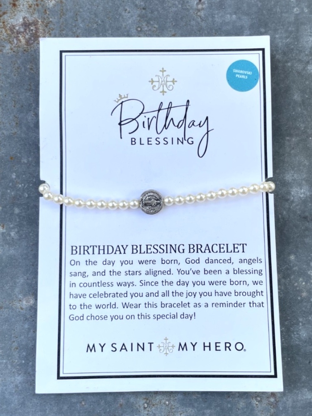 Religious My Saint My Hero Birthday Blessing Swarovski faux Pearl Bracelet